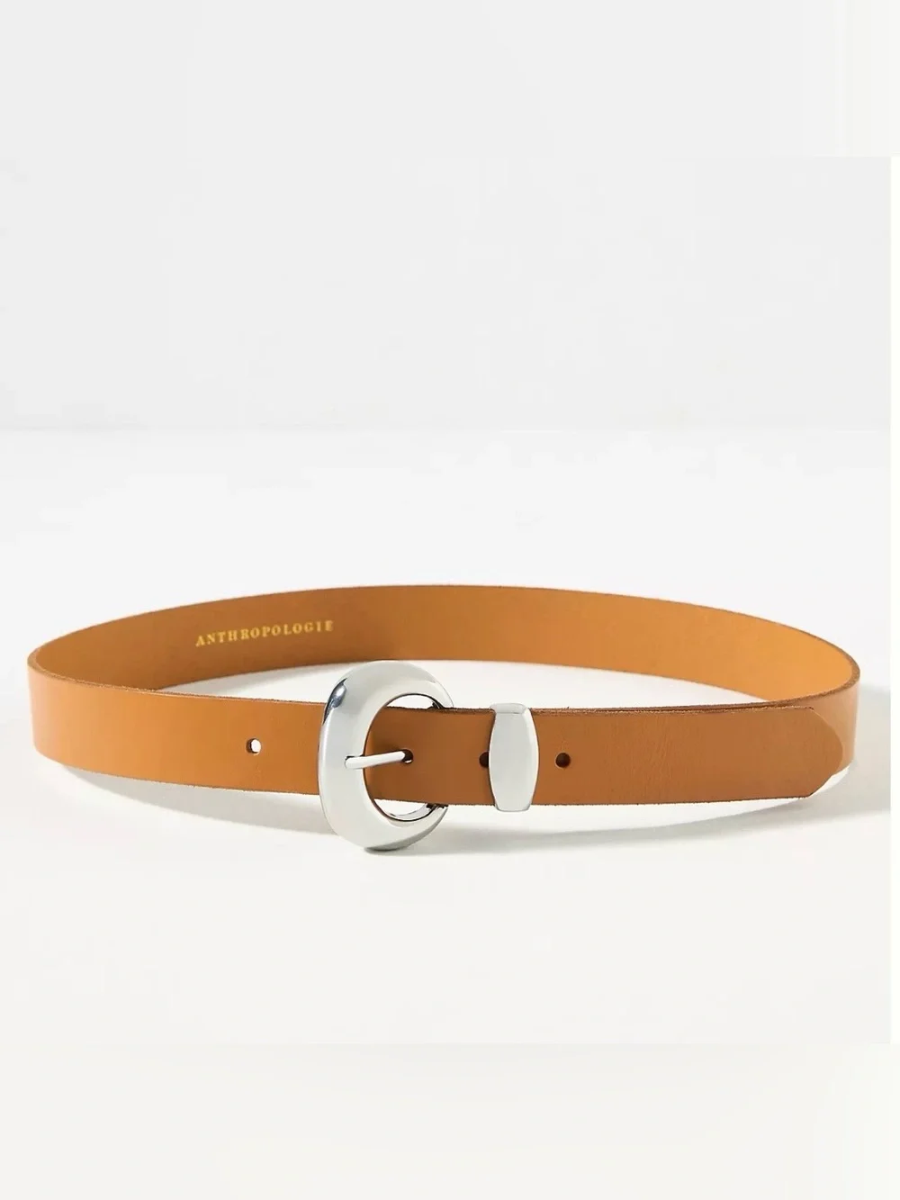 Anthropologie Cognac Leather Belt with Silver Oval Buckle